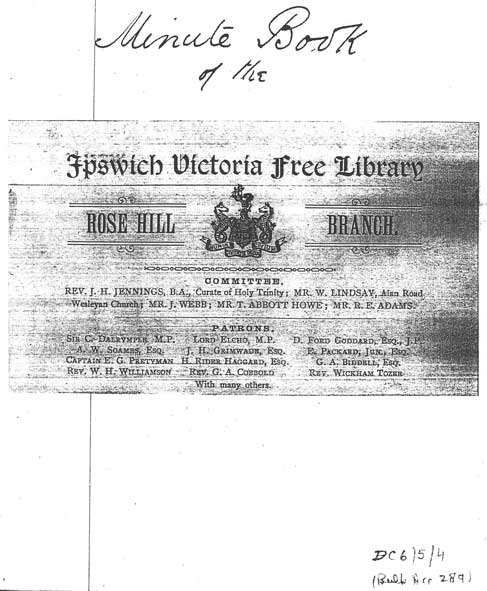 Ipswich Historic Lettering: Rosehill Library Minute Book